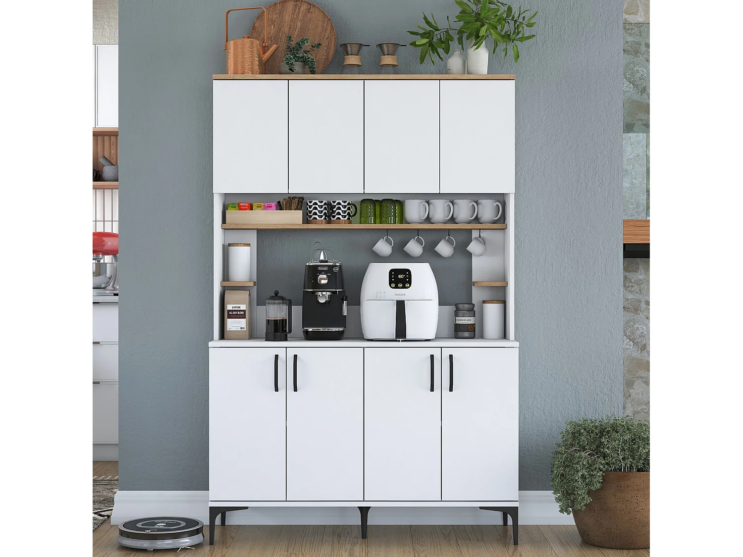 Credenza Legnaro, 4 Ripiani, 120x40x187h cm Bianco, Madia, 8 Vani, 8 Ante