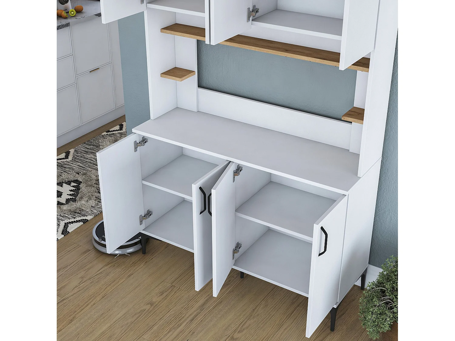 Credenza Legnaro, 4 Ripiani, 120x40x187h cm Bianco, Madia, 8 Vani, 8 Ante