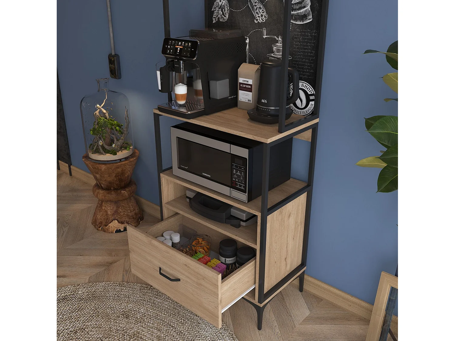 Credenza Nemol, 2 Ripiani, 70x40x207h cm Marrone Rovere, Madia, un Cassetto, Apertura Scorrevole