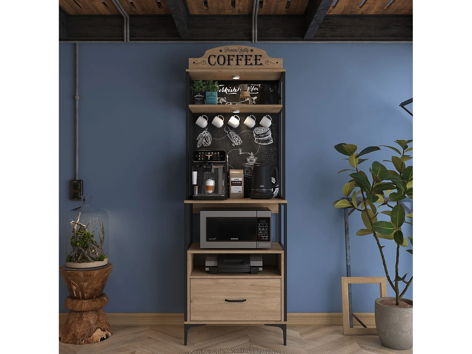 Credenza Nemol, 2 Ripiani, 70x40x207h cm Marrone Rovere, Madia, un Cassetto, Apertura Scorrevole