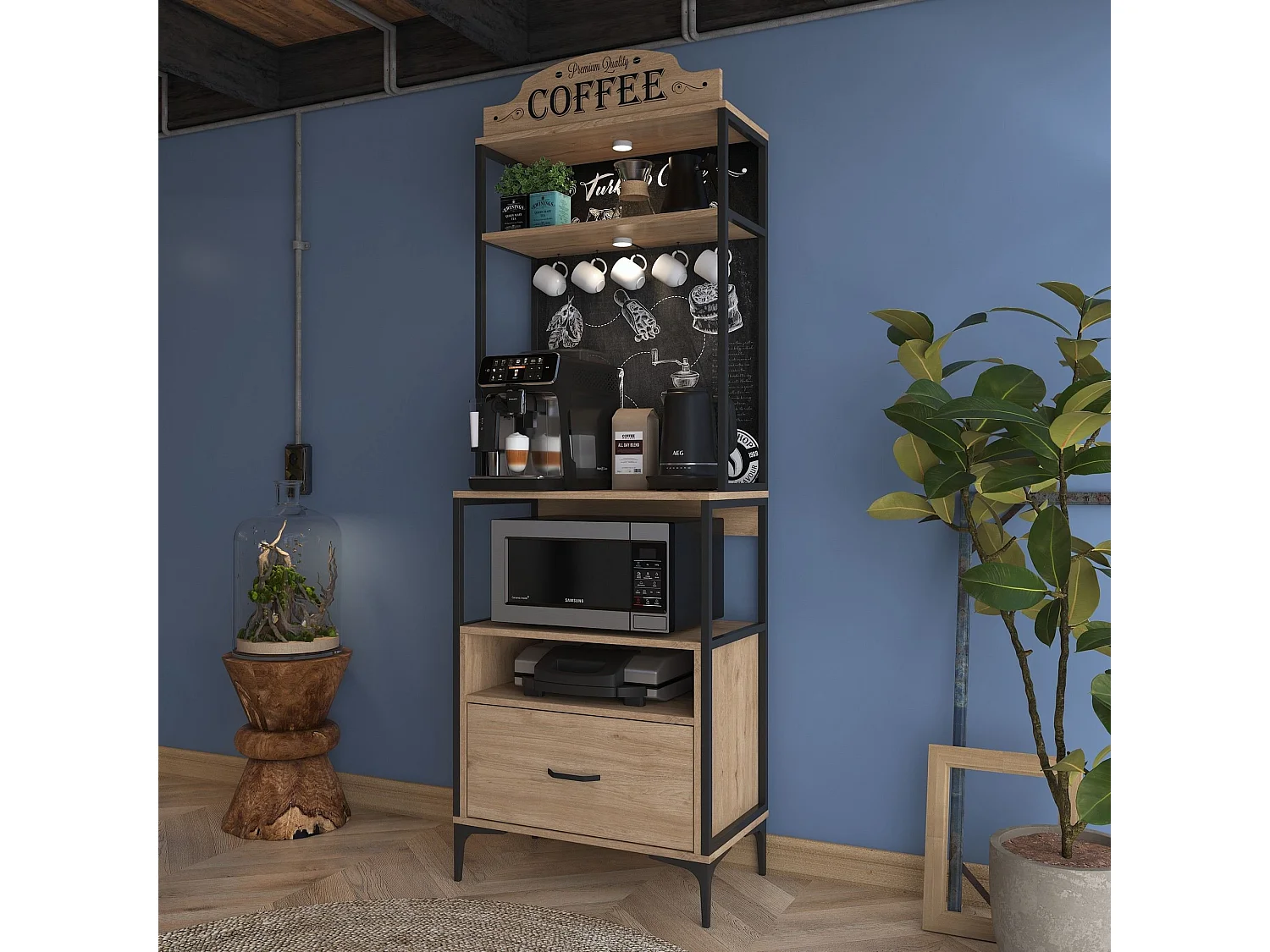 Credenza Nemol, 2 Ripiani, 70x40x207h cm Marrone Rovere, Madia, un Cassetto, Apertura Scorrevole