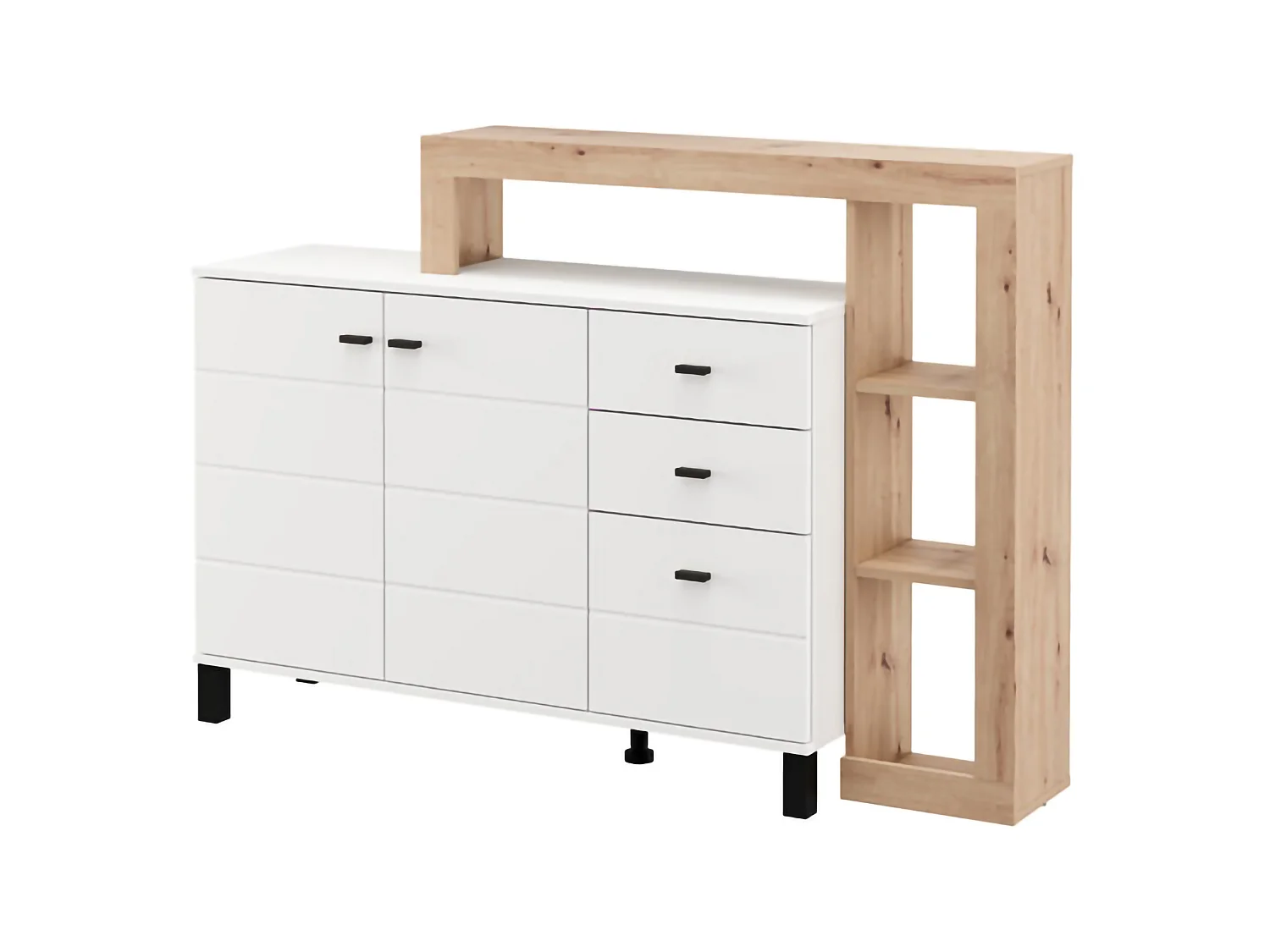 Buffet Valiza, 3 tiroirs, 145x35x101h cm Blanc, Enfilade, 5 étagères, Ouverture battante, Coulissante