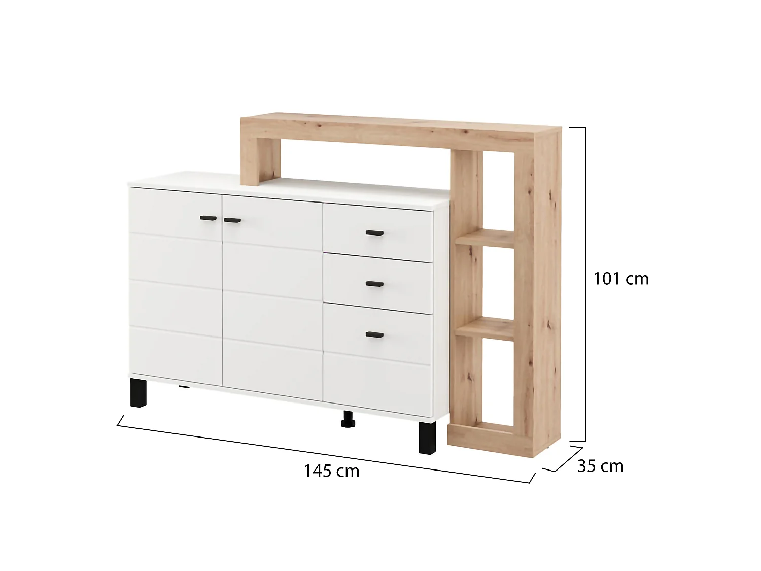 Buffet Valiza, 3 tiroirs, 145x35x101h cm Blanc, Enfilade, 5 étagères, Ouverture battante, Coulissante