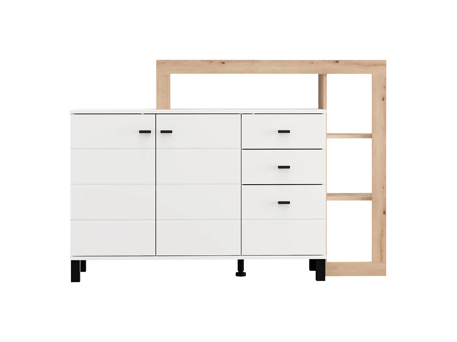 Buffet Valiza, 3 tiroirs, 145x35x101h cm Blanc, Enfilade, 5 étagères, Ouverture battante, Coulissante