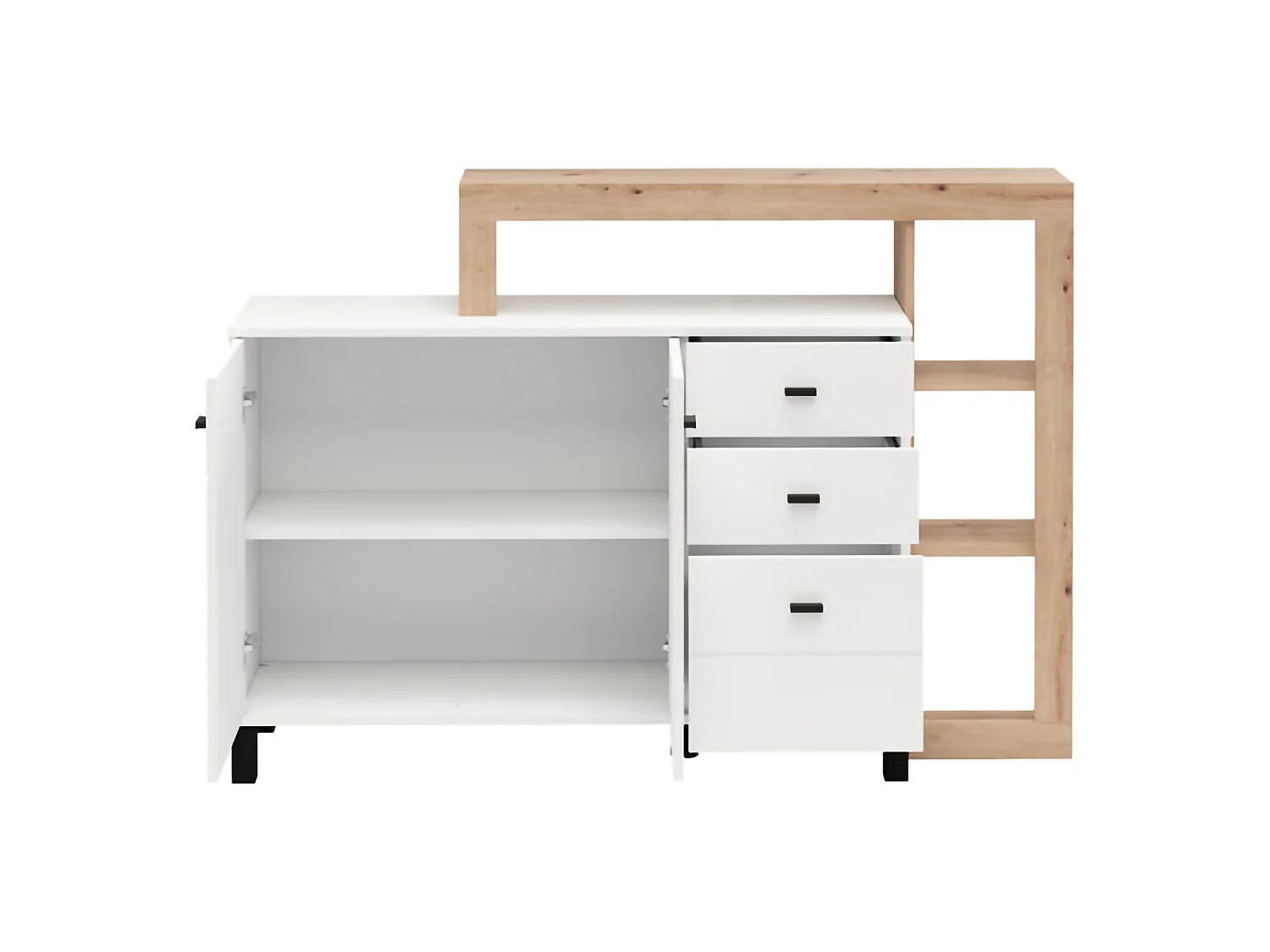 Buffet Valiza, 3 tiroirs, 145x35x101h cm Blanc, Enfilade, 5 étagères, Ouverture battante, Coulissante
