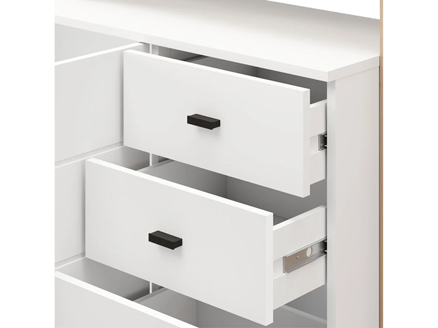 Buffet Valiza, 3 tiroirs, 145x35x101h cm Blanc, Enfilade, 5 étagères, Ouverture battante, Coulissante
