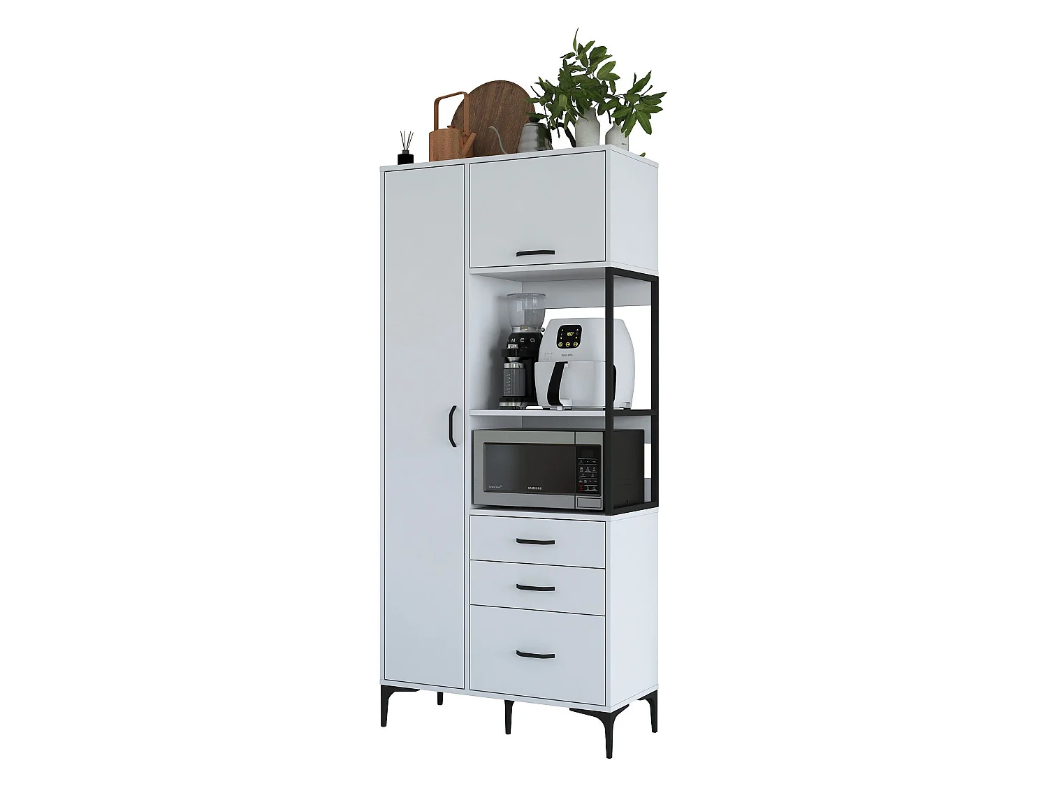Credenza Solofra, 5 Ripiani, 90x40x199h cm Bianco, Madia, 3 Cassetti, 2 Ante