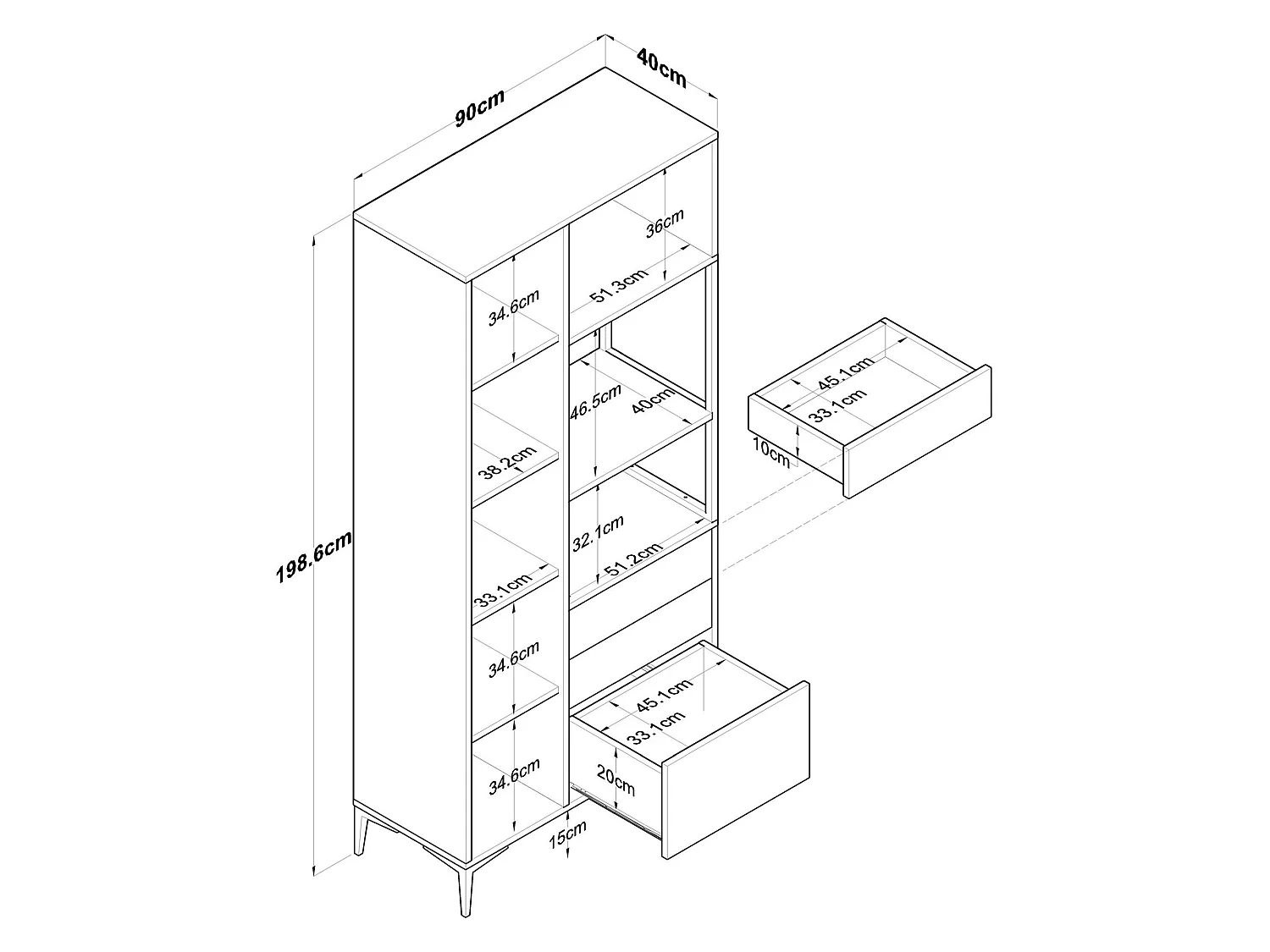 Credenza Solofra, 5 Ripiani, 90x40x199h cm Bianco, Madia, 3 Cassetti, 2 Ante