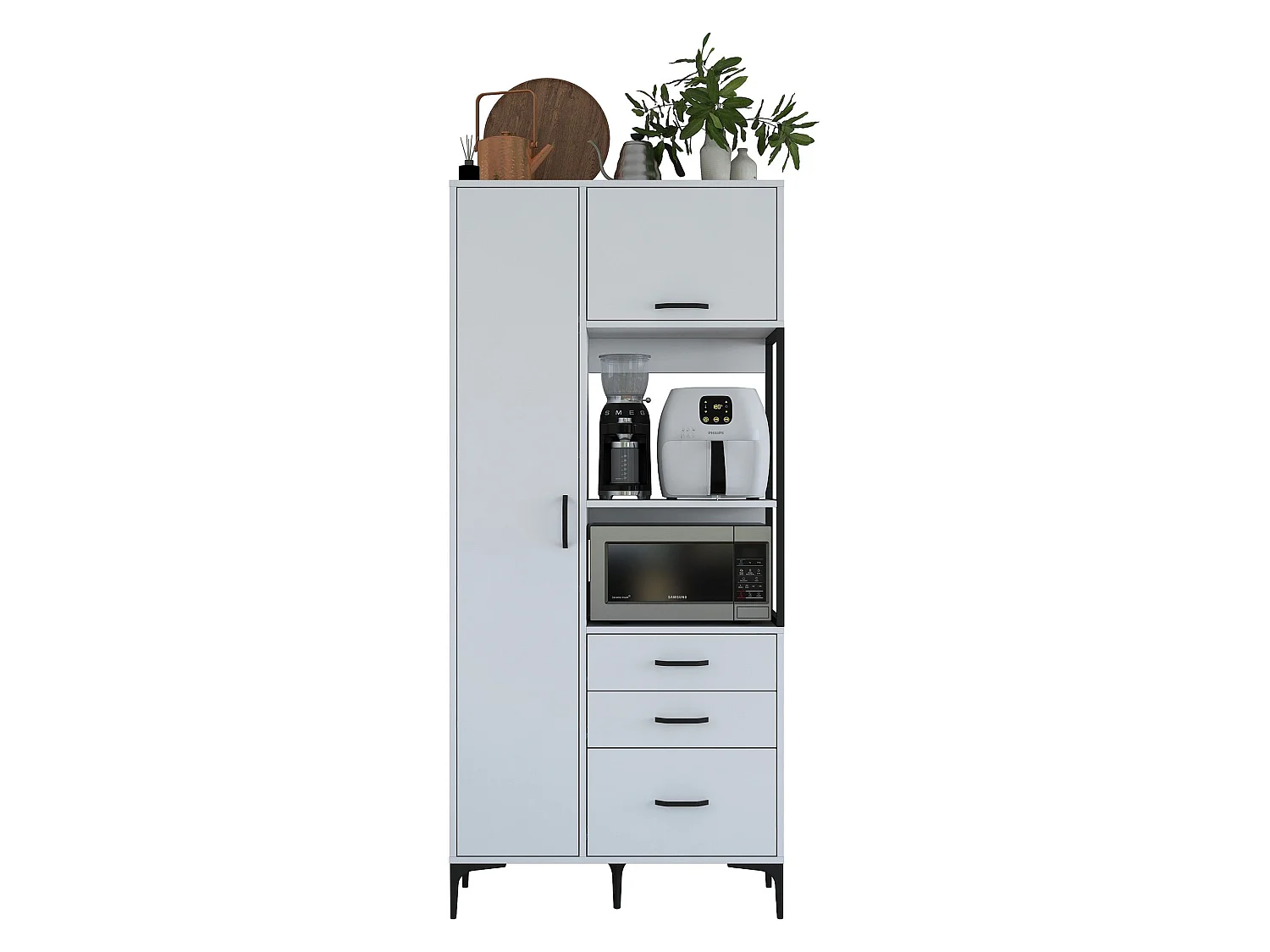 Credenza Solofra, 5 Ripiani, 90x40x199h cm Bianco, Madia, 3 Cassetti, 2 Ante