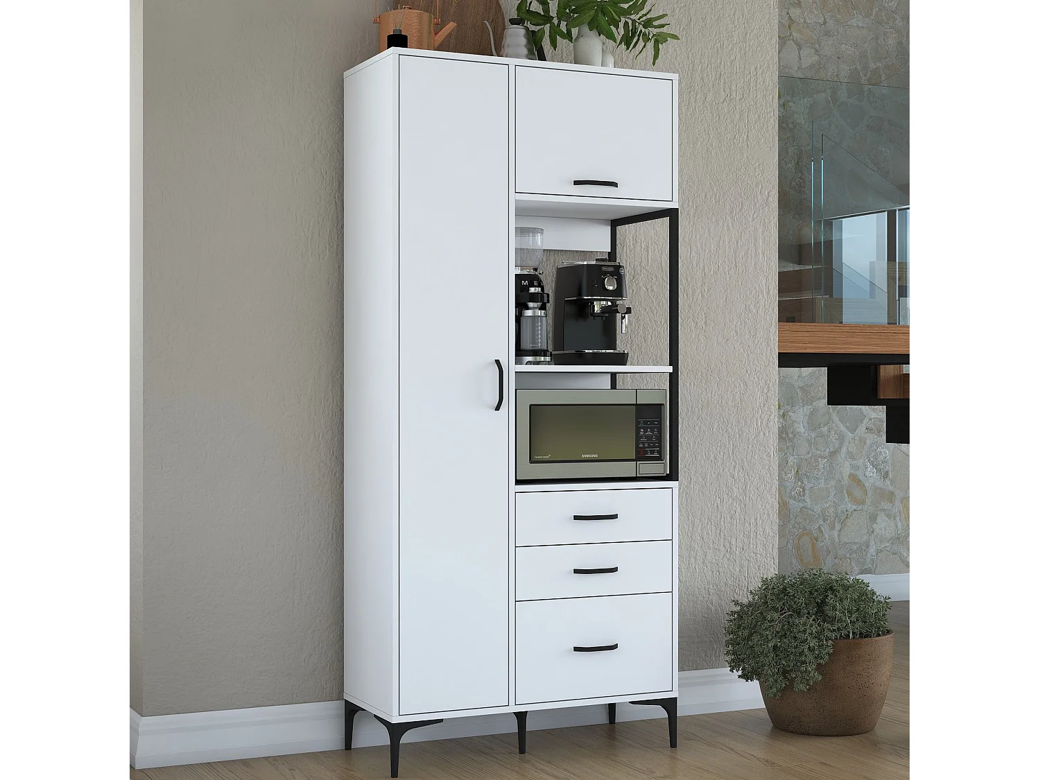Credenza Solofra, 5 Ripiani, 90x40x199h cm Bianco, Madia, 3 Cassetti, 2 Ante
