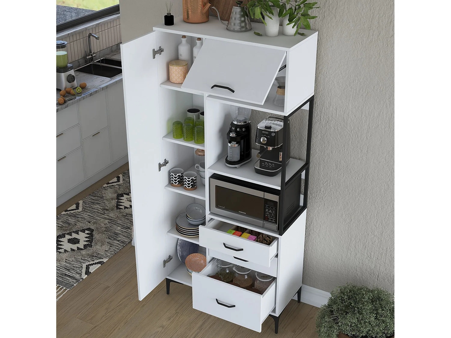 Credenza Solofra, 5 Ripiani, 90x40x199h cm Bianco, Madia, 3 Cassetti, 2 Ante