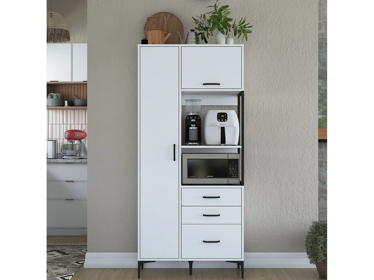 Credenza Solofra, 5 Ripiani, 90x40x199h cm Bianco, Madia, 3 Cassetti, 2 Ante