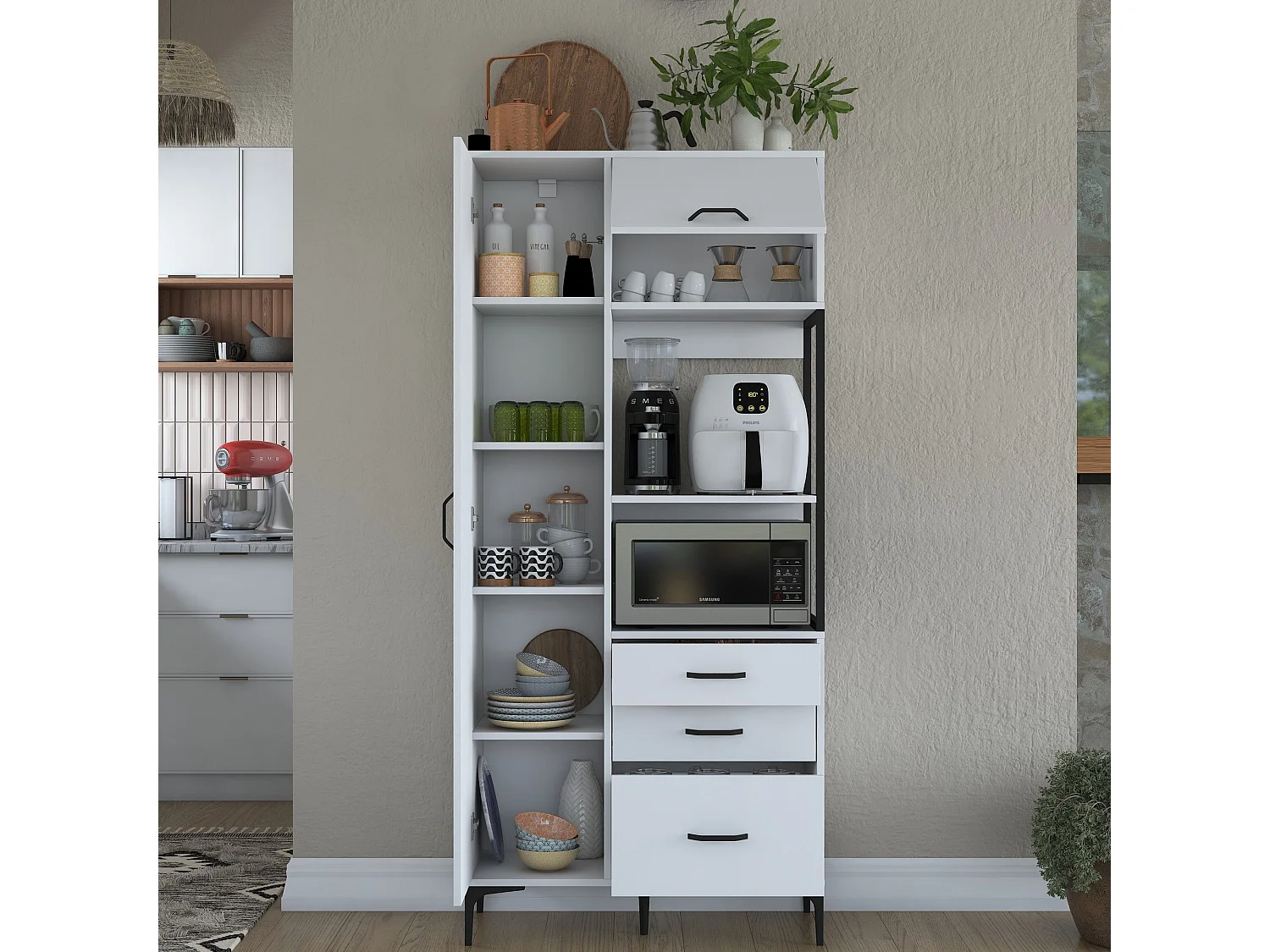 Credenza Solofra, 5 Ripiani, 90x40x199h cm Bianco, Madia, 3 Cassetti, 2 Ante