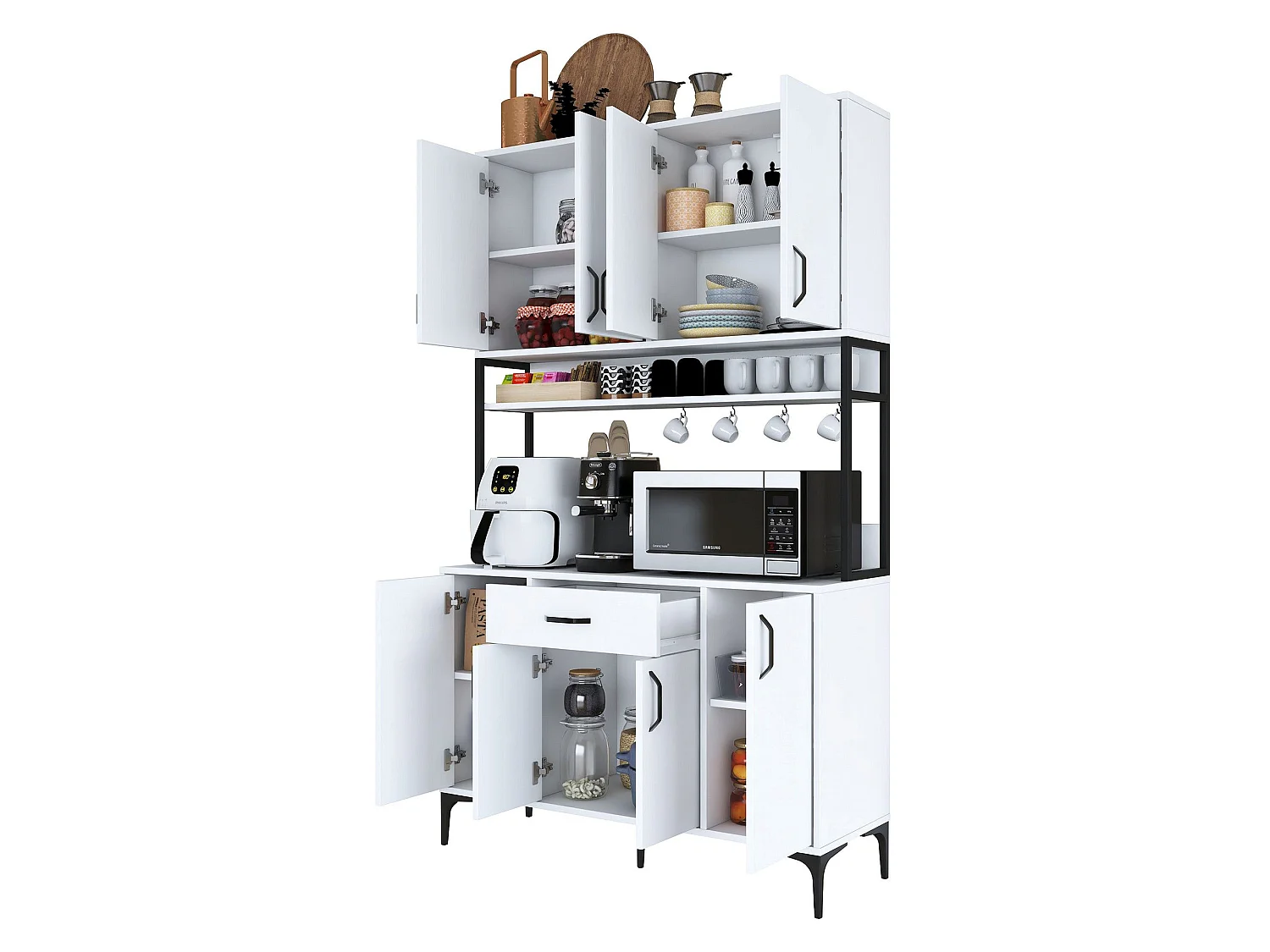 Credenza Cavriago, 5 Ripiani, 120x40x199h cm Bianco, Madia, un Cassetto, 8 Ante