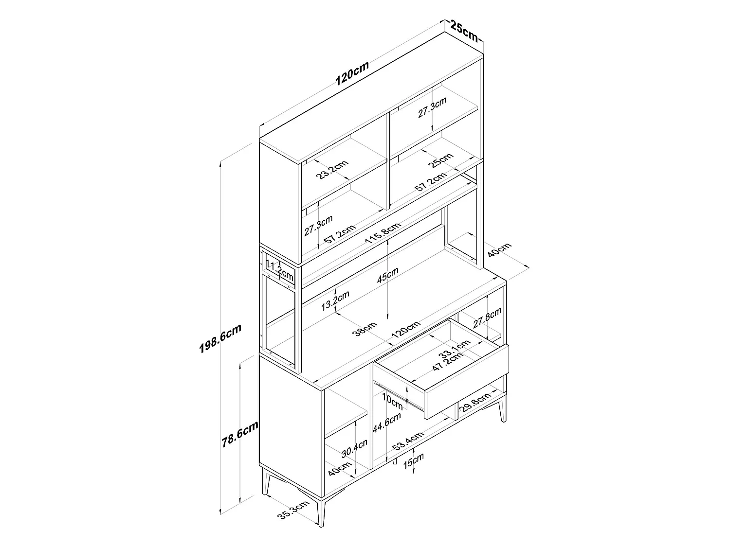 Credenza Cavriago, 5 Ripiani, 120x40x199h cm Bianco, Madia, un Cassetto, 8 Ante