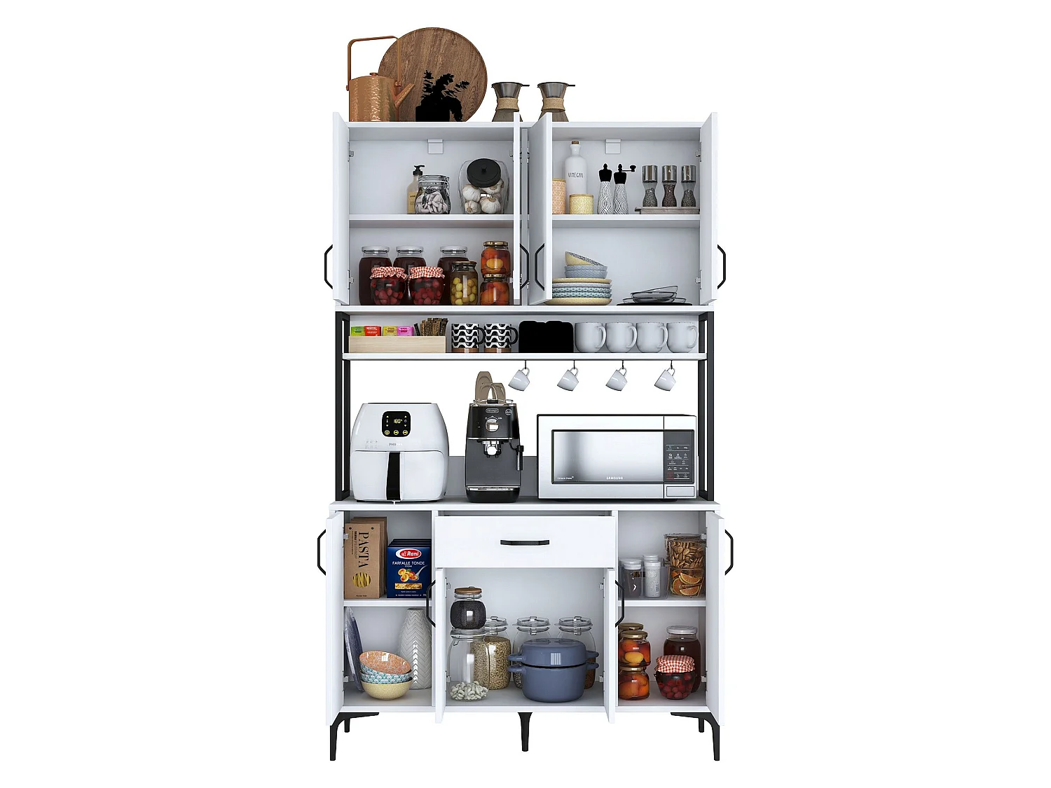 Credenza Cavriago, 5 Ripiani, 120x40x199h cm Bianco, Madia, un Cassetto, 8 Ante
