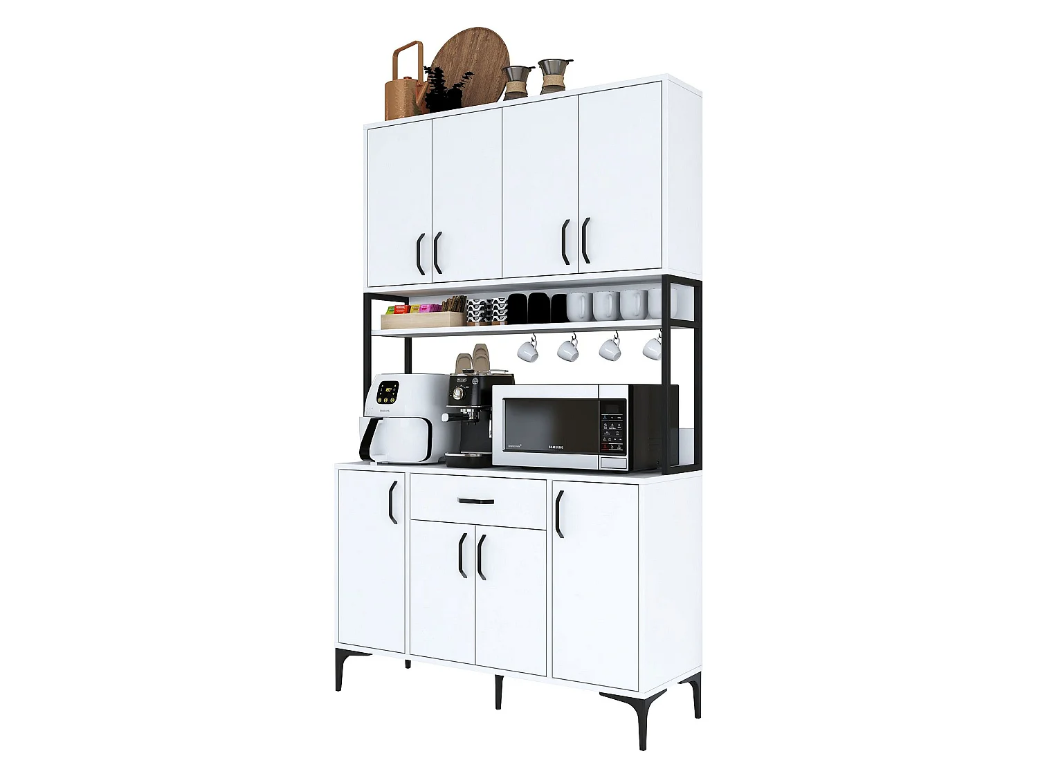 Credenza Cavriago, 5 Ripiani, 120x40x199h cm Bianco, Madia, un Cassetto, 8 Ante