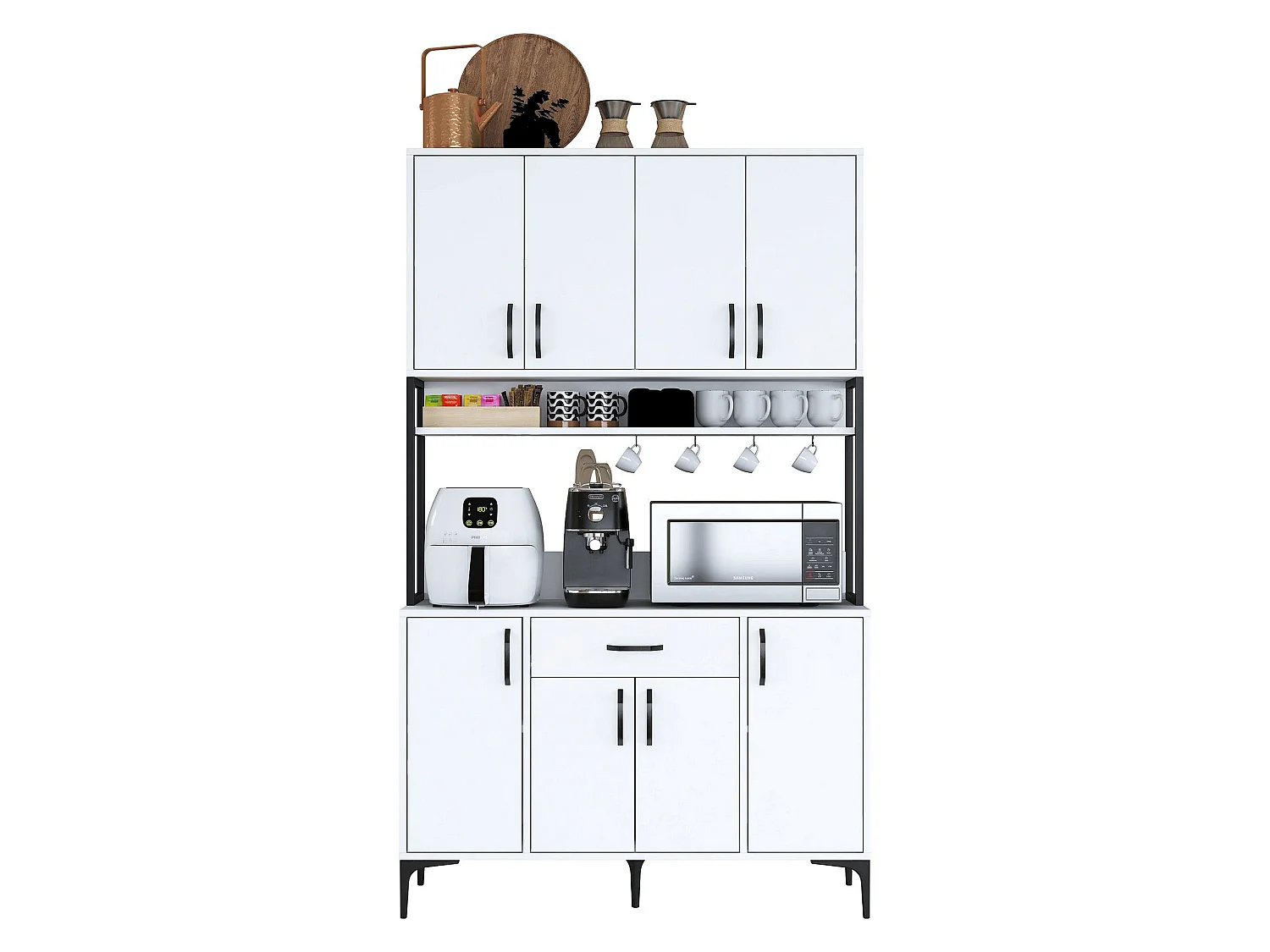 Credenza Cavriago, 5 Ripiani, 120x40x199h cm Bianco, Madia, un Cassetto, 8 Ante