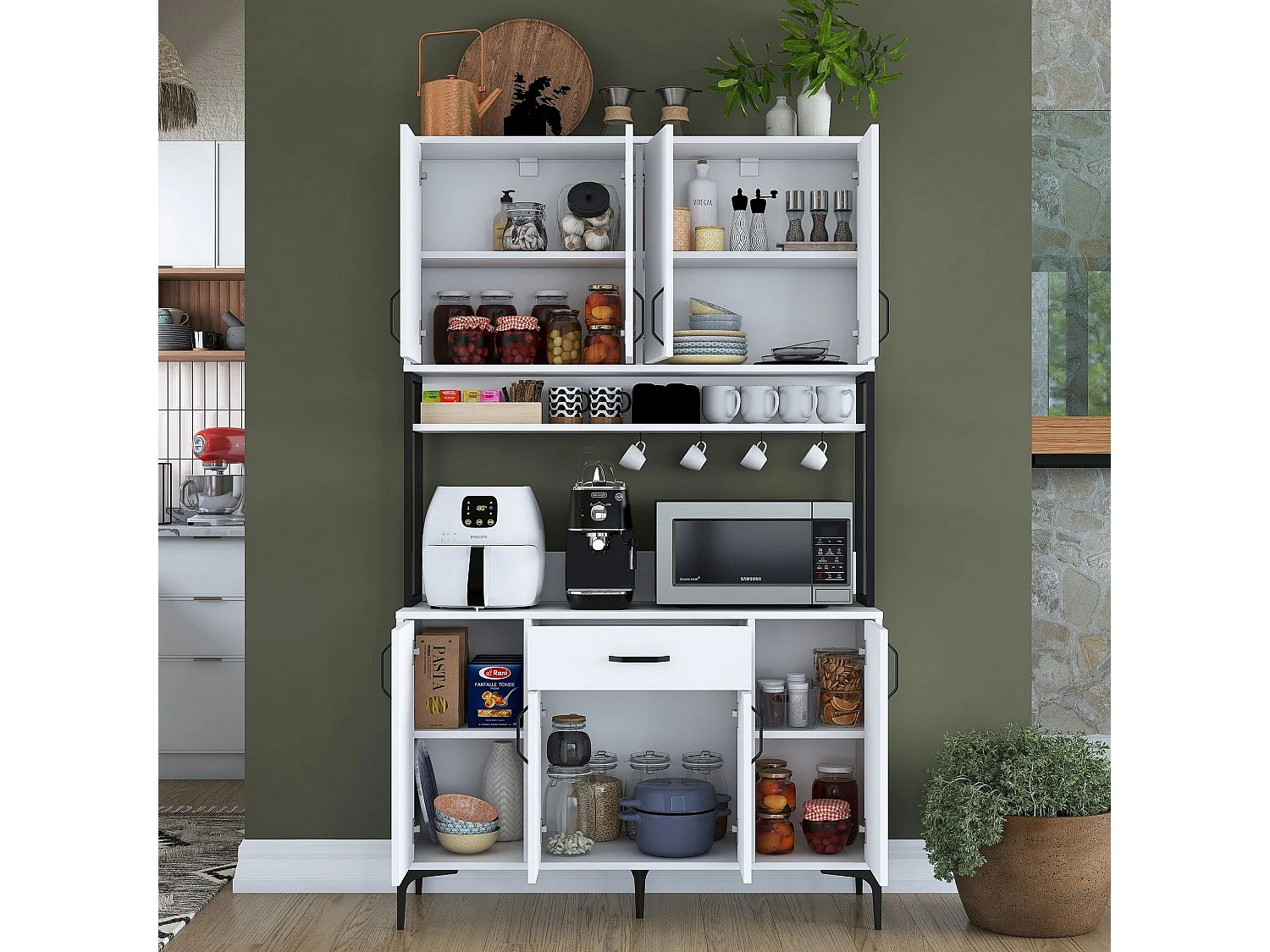 Credenza Cavriago, 5 Ripiani, 120x40x199h cm Bianco, Madia, un Cassetto, 8 Ante