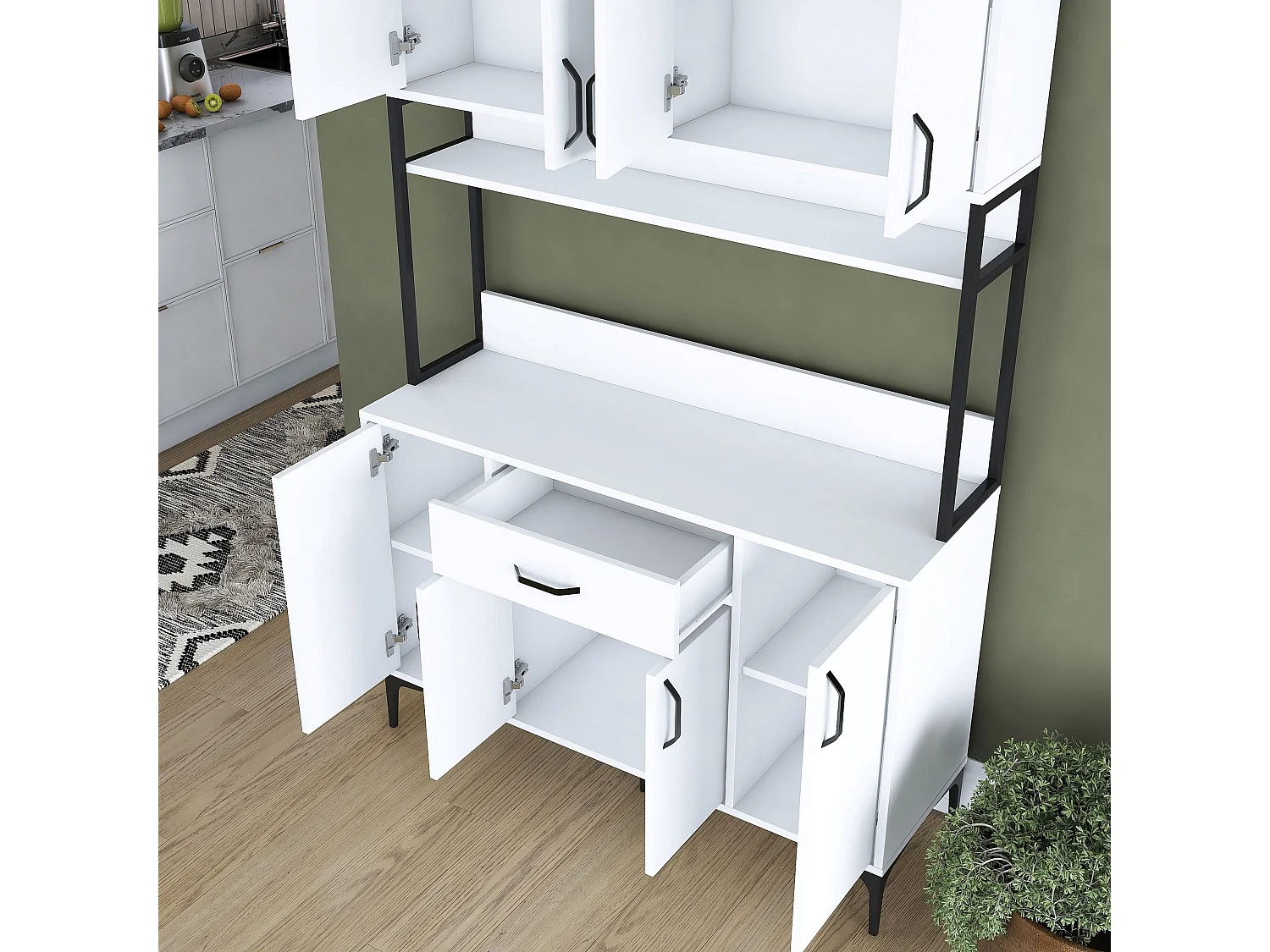 Credenza Cavriago, 5 Ripiani, 120x40x199h cm Bianco, Madia, un Cassetto, 8 Ante