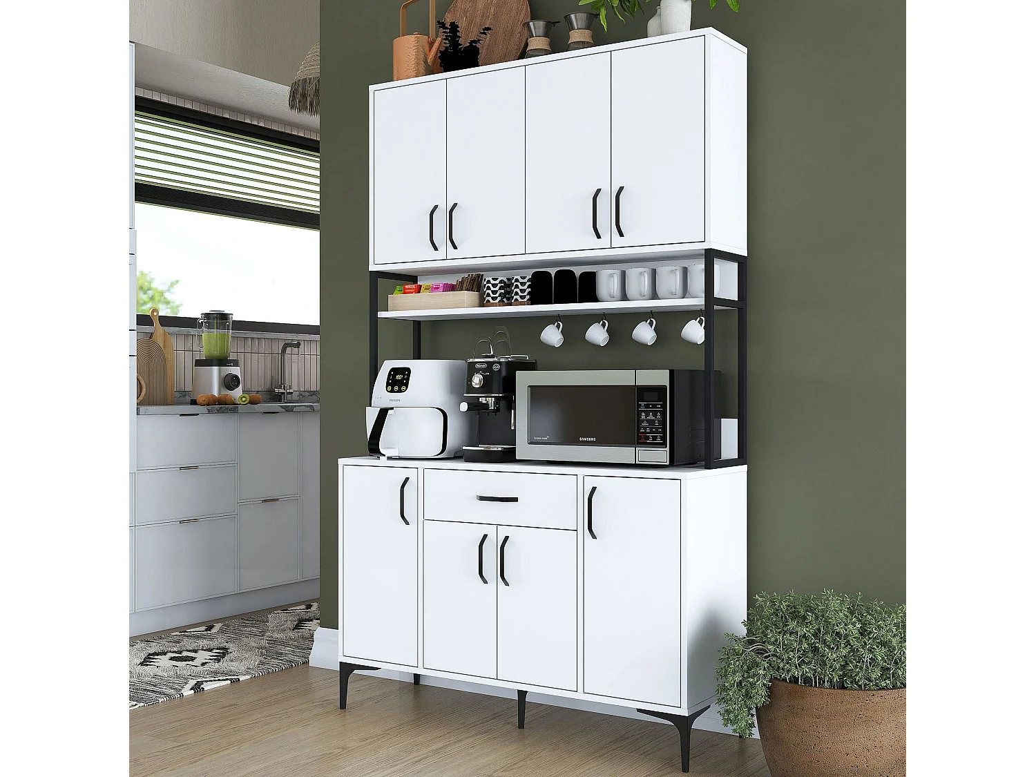 Credenza Cavriago, 5 Ripiani, 120x40x199h cm Bianco, Madia, un Cassetto, 8 Ante