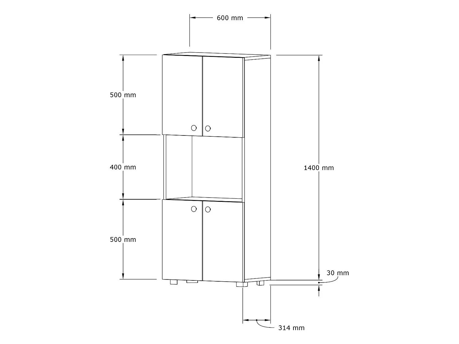 Buffet Sestu, 2 étagères, 60x31x140h cm blanc, bahut, 4 portes, 5 compartiments