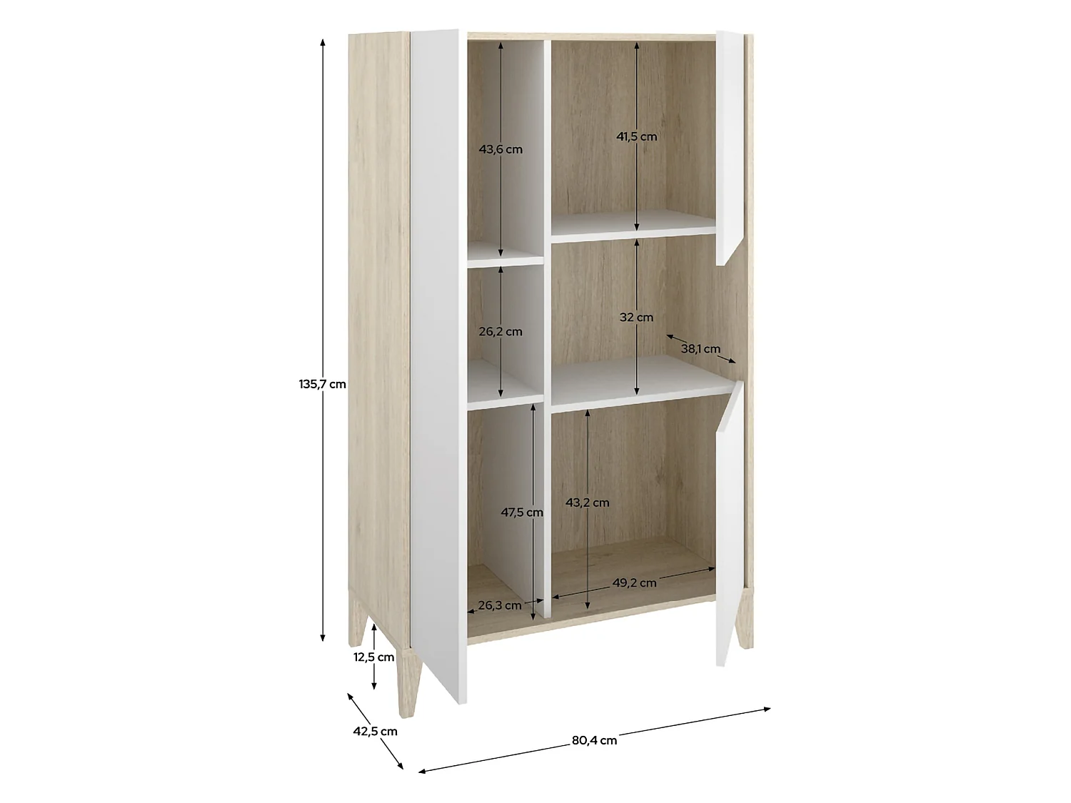 Credenza Cleburne, 4 Ripiani, 43x81x138h cm Bianco, Madia, 6 Vani, 3 Ante