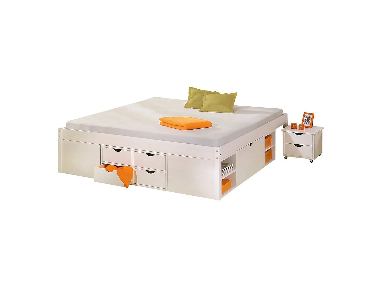 Lit Double Dschmid, Avec Rangement, Blanc