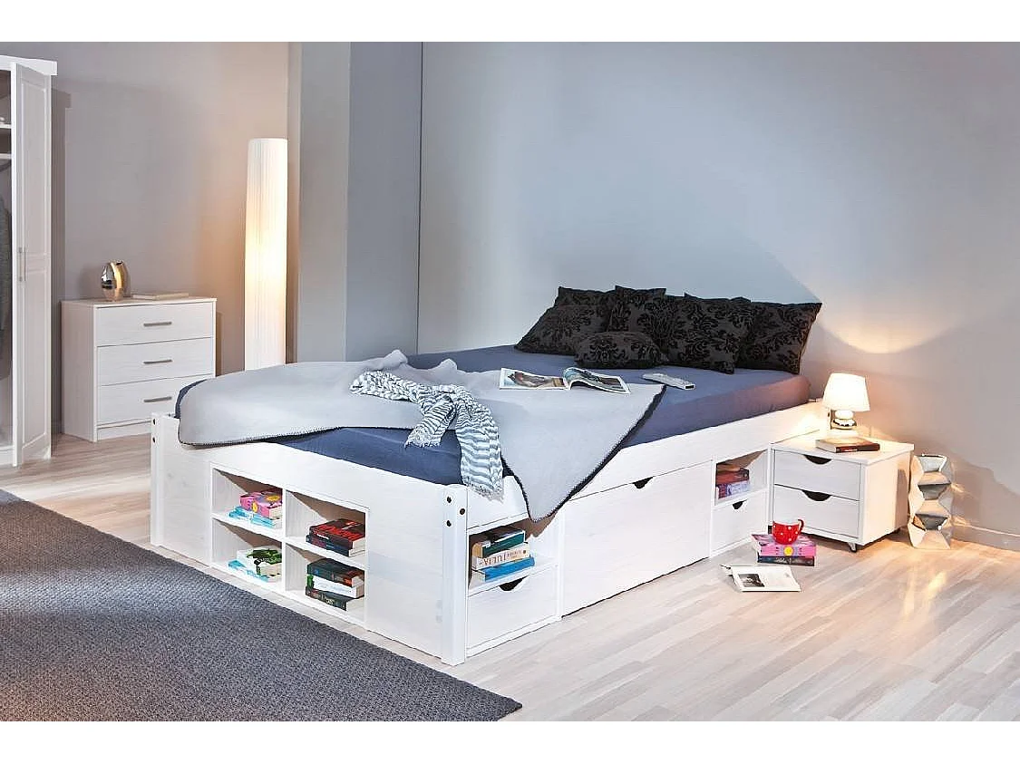 Lit Double Dschmid, Avec Rangement, Blanc