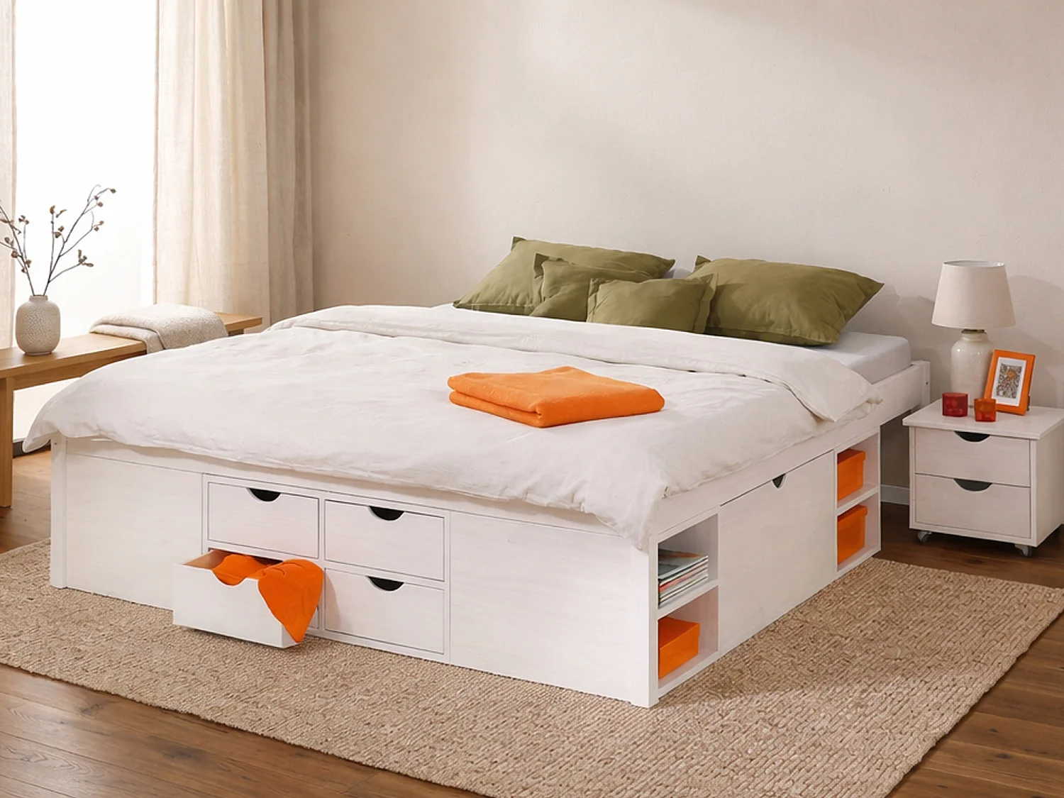Lit Double Dschmid, Avec Rangement, Blanc