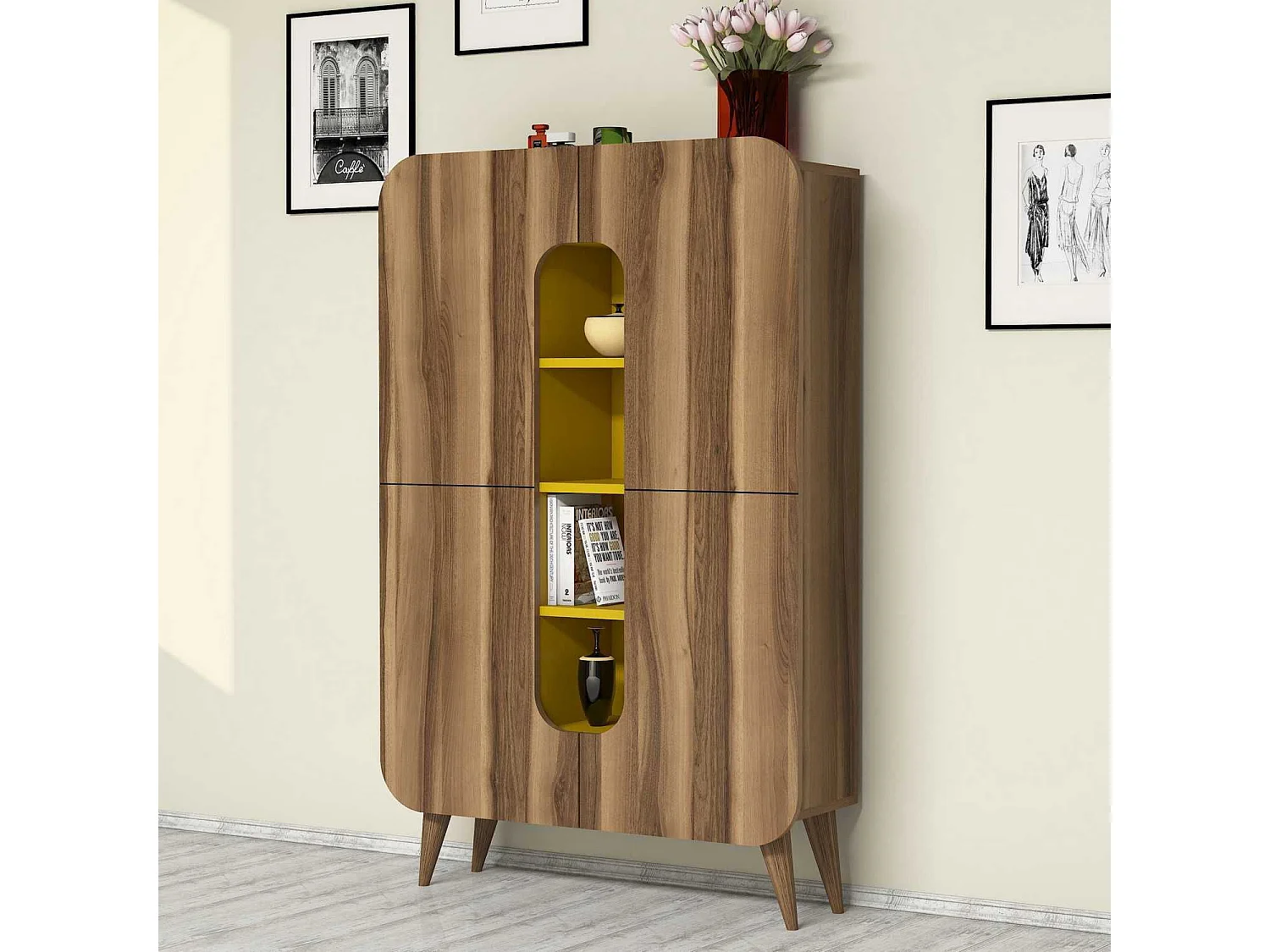Credenza Paularo, 7 Ripiani, 93x32x144h cm Marrone Noce, Madia, 10 Vani, 2 Ante