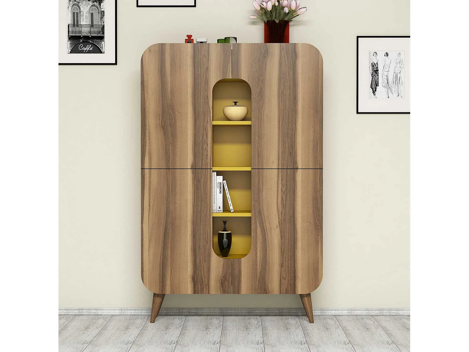 Credenza Paularo, 7 Ripiani, 93x32x144h cm Marrone Noce, Madia, 10 Vani, 2 Ante