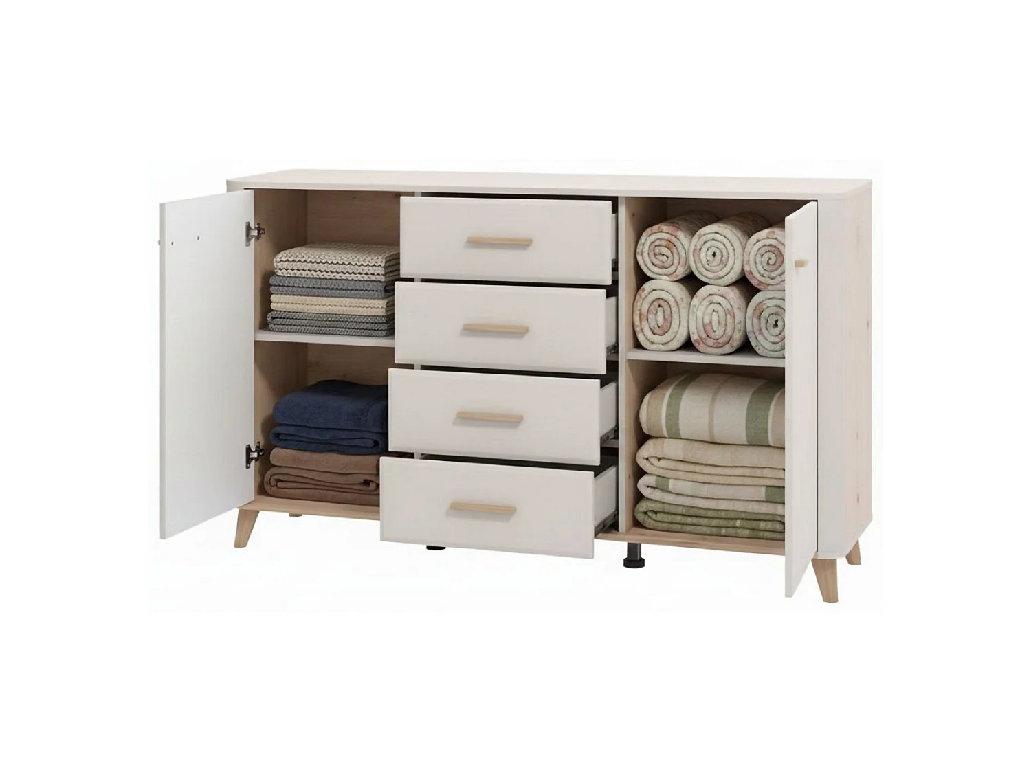Illorai Kommode, 2 Regalböden, 154x40x91h cm Cremeweiß, Anrichte, 4 Schubladen, 2 Türen