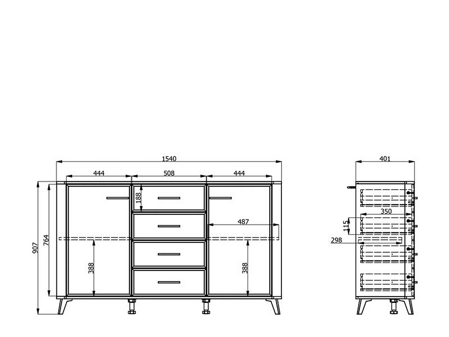 Illorai Kommode, 2 Regalböden, 154x40x91h cm Cremeweiß, Anrichte, 4 Schubladen, 2 Türen