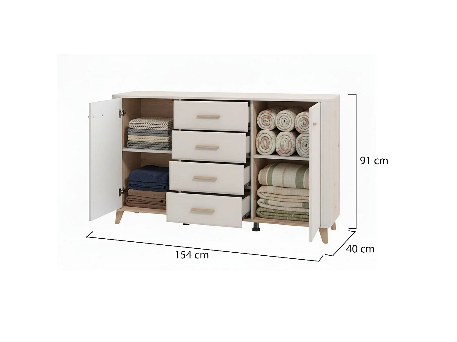 Illorai Kommode, 2 Regalböden, 154x40x91h cm Cremeweiß, Anrichte, 4 Schubladen, 2 Türen