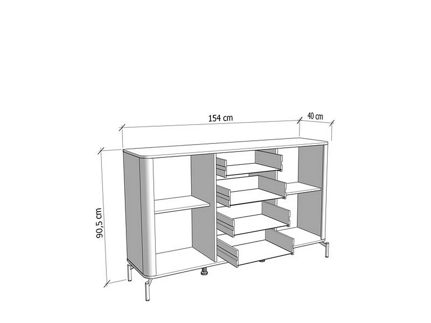 Illorai Kommode, 2 Regalböden, 154x40x91h cm Cremeweiß, Anrichte, 4 Schubladen, 2 Türen