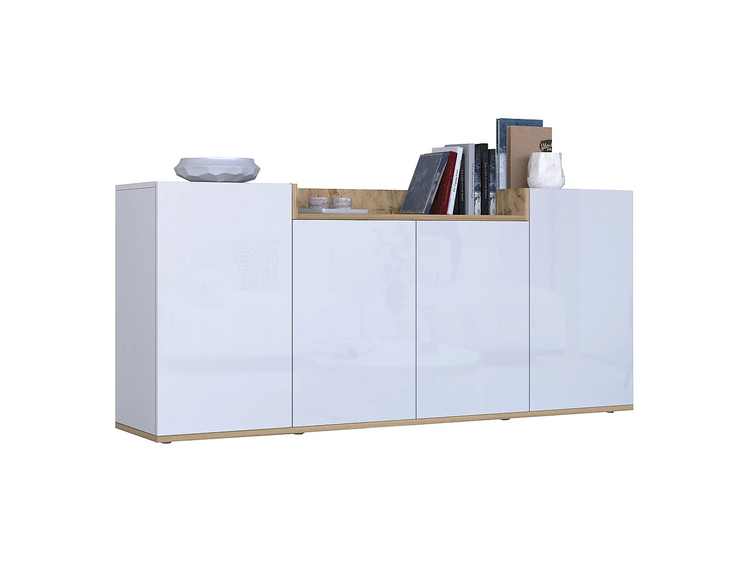 Buffet Swink, 6 Étagères Made in Italy, 160x35x70h cm Blanc brillant, Bahut, Portes Battantes, 4 Portes