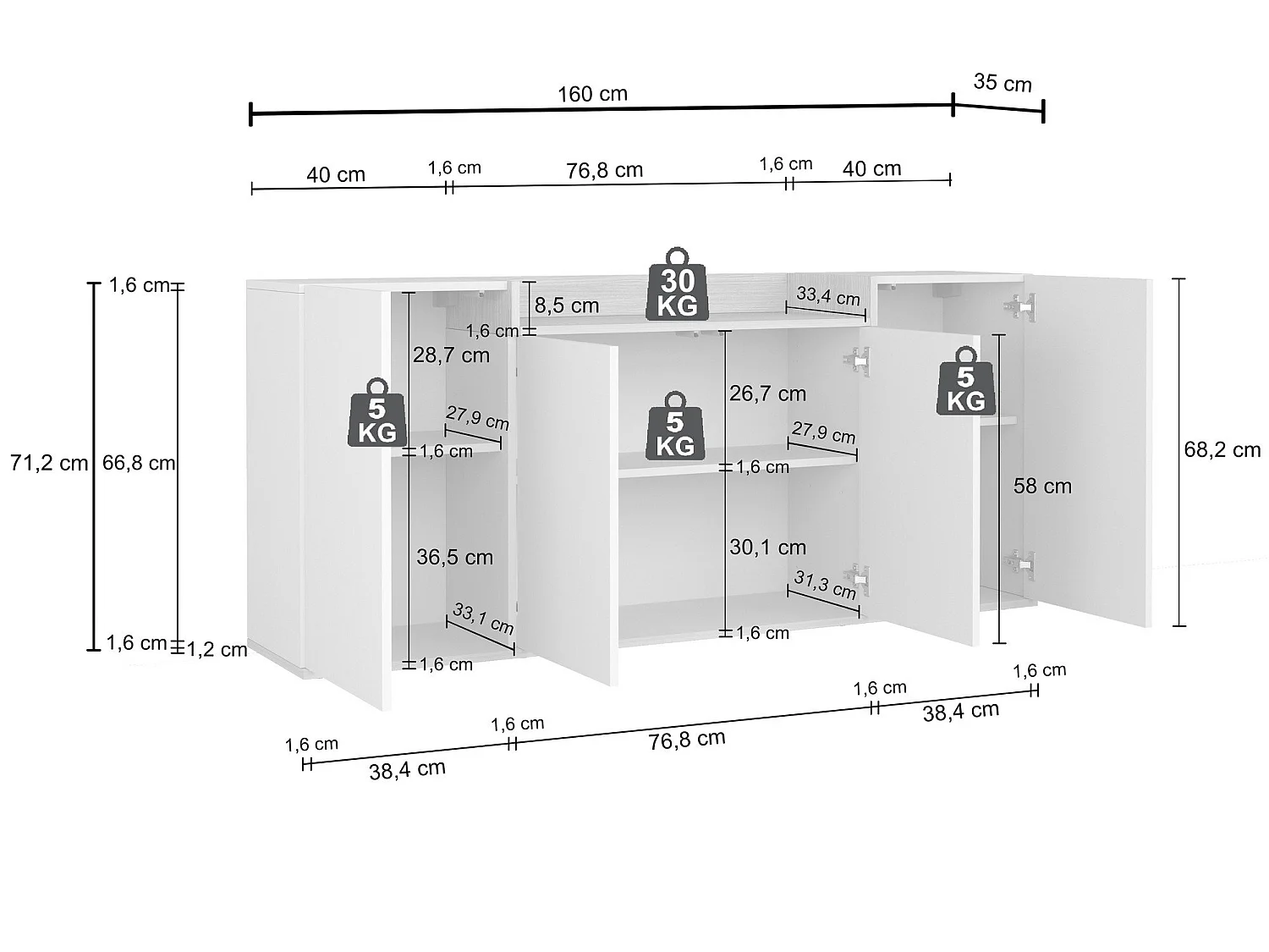 Buffet Swink, 6 Étagères Made in Italy, 160x35x70h cm Blanc brillant, Bahut, Portes Battantes, 4 Portes