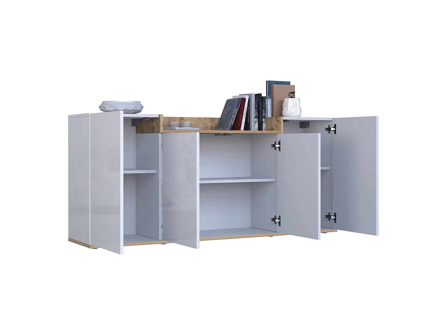 Buffet Swink, 6 Étagères Made in Italy, 160x35x70h cm Blanc brillant, Bahut, Portes Battantes, 4 Portes
