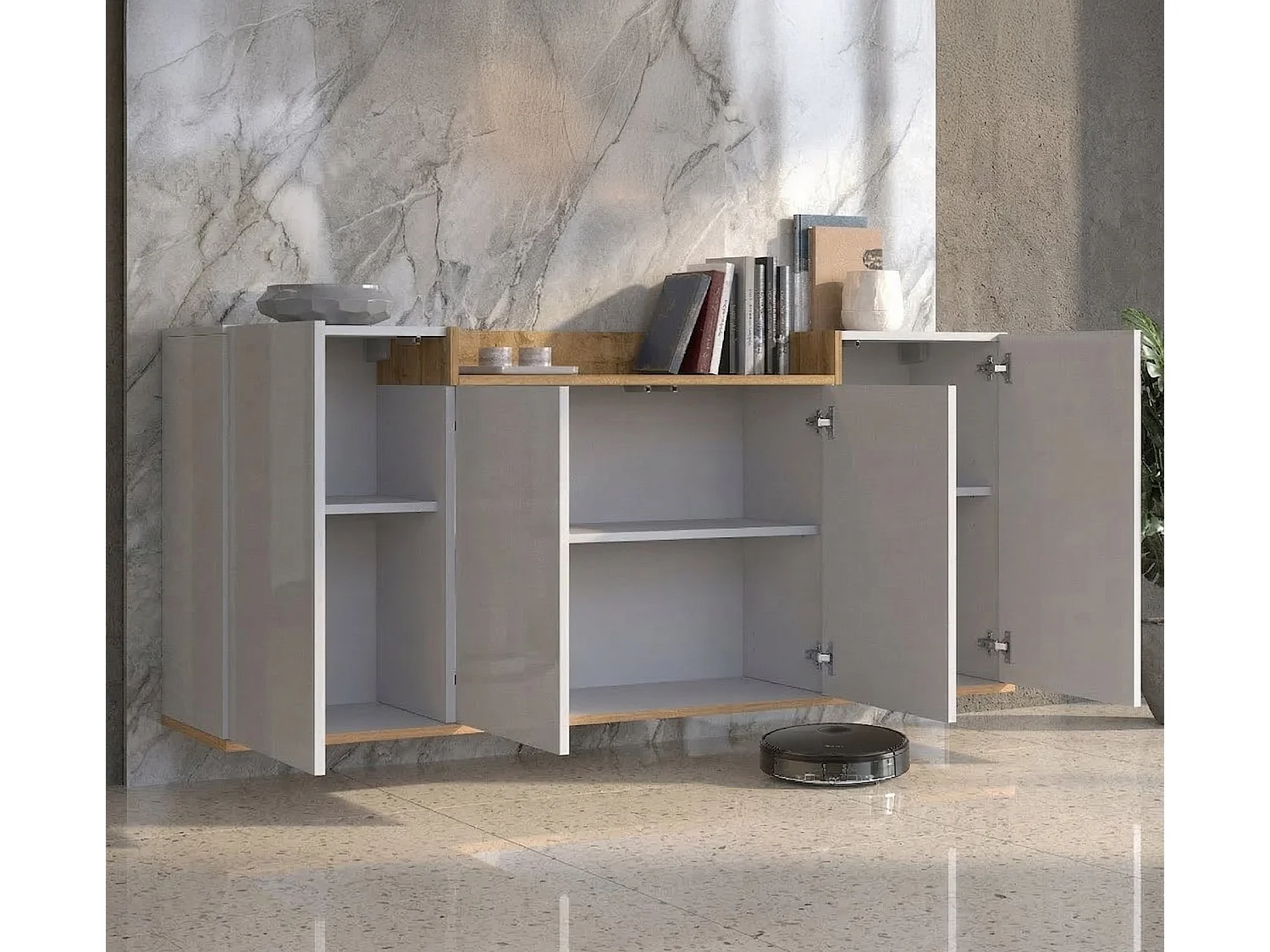 Buffet Swink, 6 Étagères Made in Italy, 160x35x70h cm Blanc brillant, Bahut, Portes Battantes, 4 Portes
