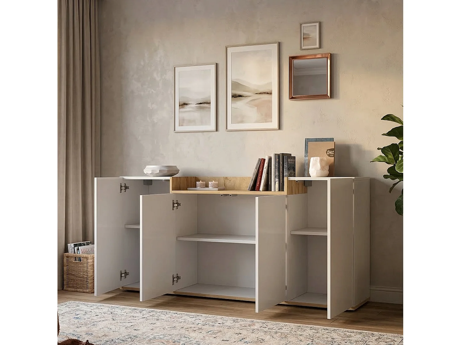 Buffet Swink, 6 Étagères Made in Italy, 160x35x70h cm Blanc brillant, Bahut, Portes Battantes, 4 Portes