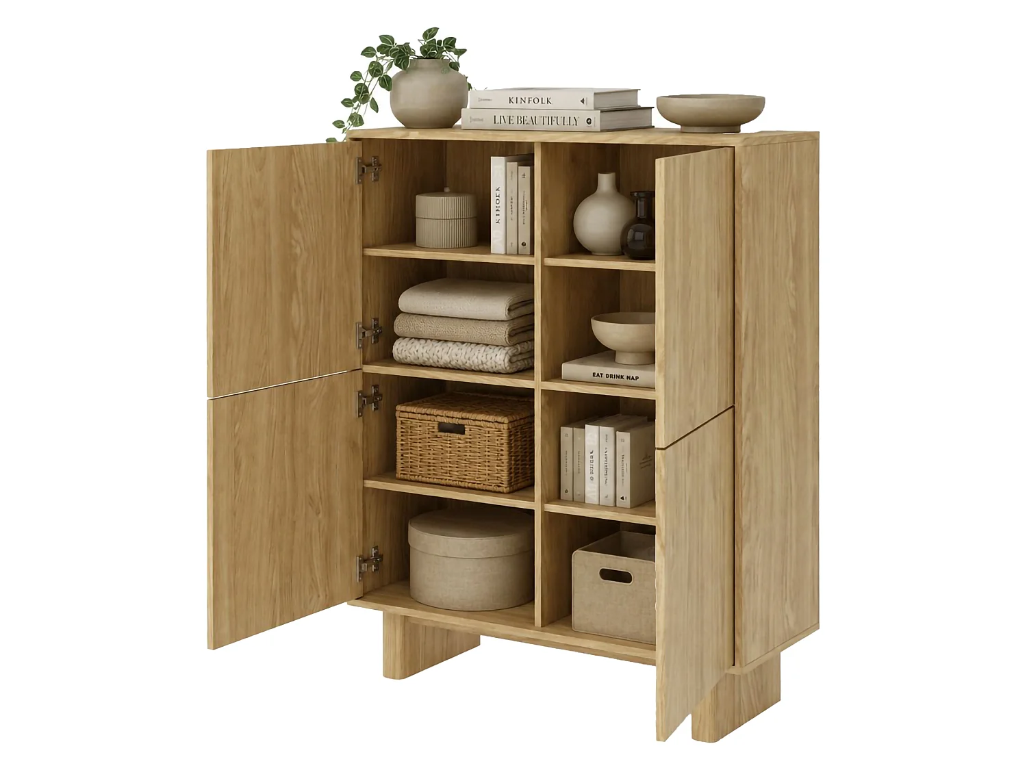 Sideboard Hasareti, 4 Regale, 104x38x124h cm Eichenbraun, Kommode, Drehtüren, 4 Türen
