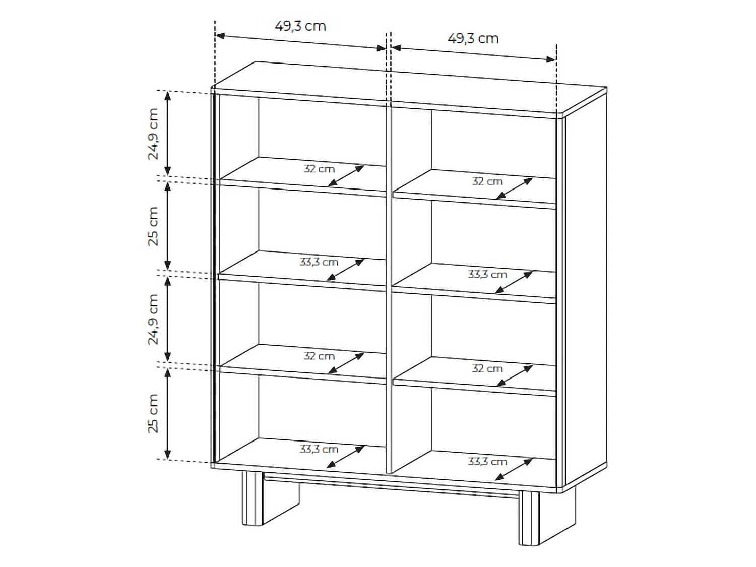 Sideboard Hasareti, 4 Regale, 104x38x124h cm Eichenbraun, Kommode, Drehtüren, 4 Türen