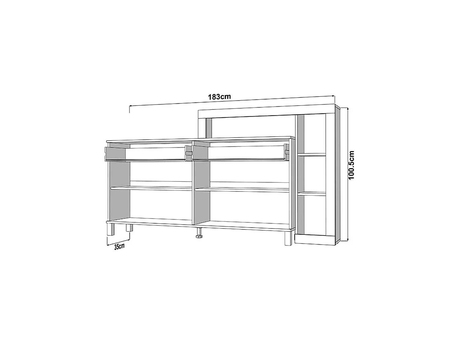 Buffet Chefch, 7 étagères, 183x35x101h cm Blanc, Bahut, 2 tiroirs, 4 portes