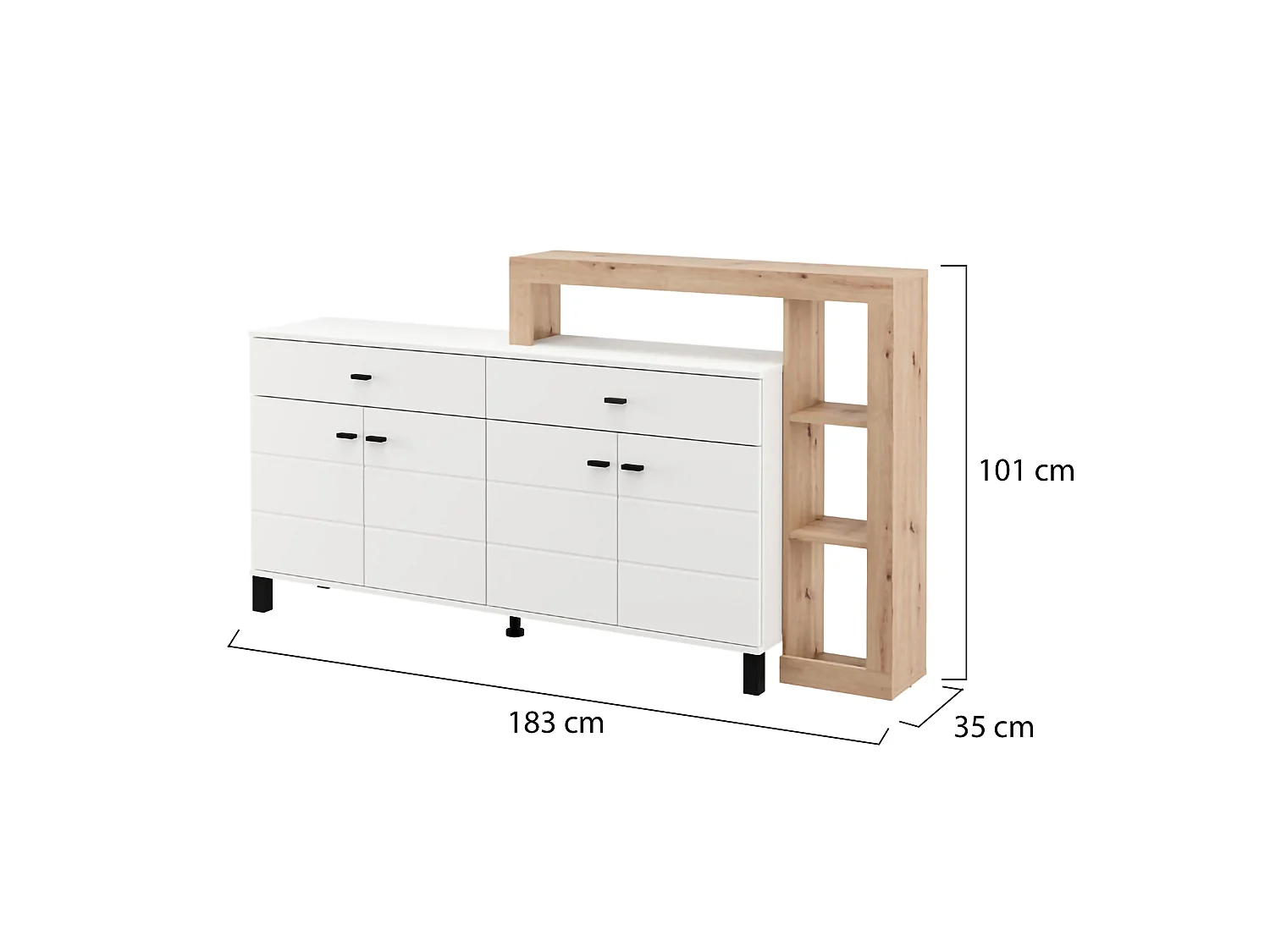 Buffet Chefch, 7 étagères, 183x35x101h cm Blanc, Bahut, 2 tiroirs, 4 portes