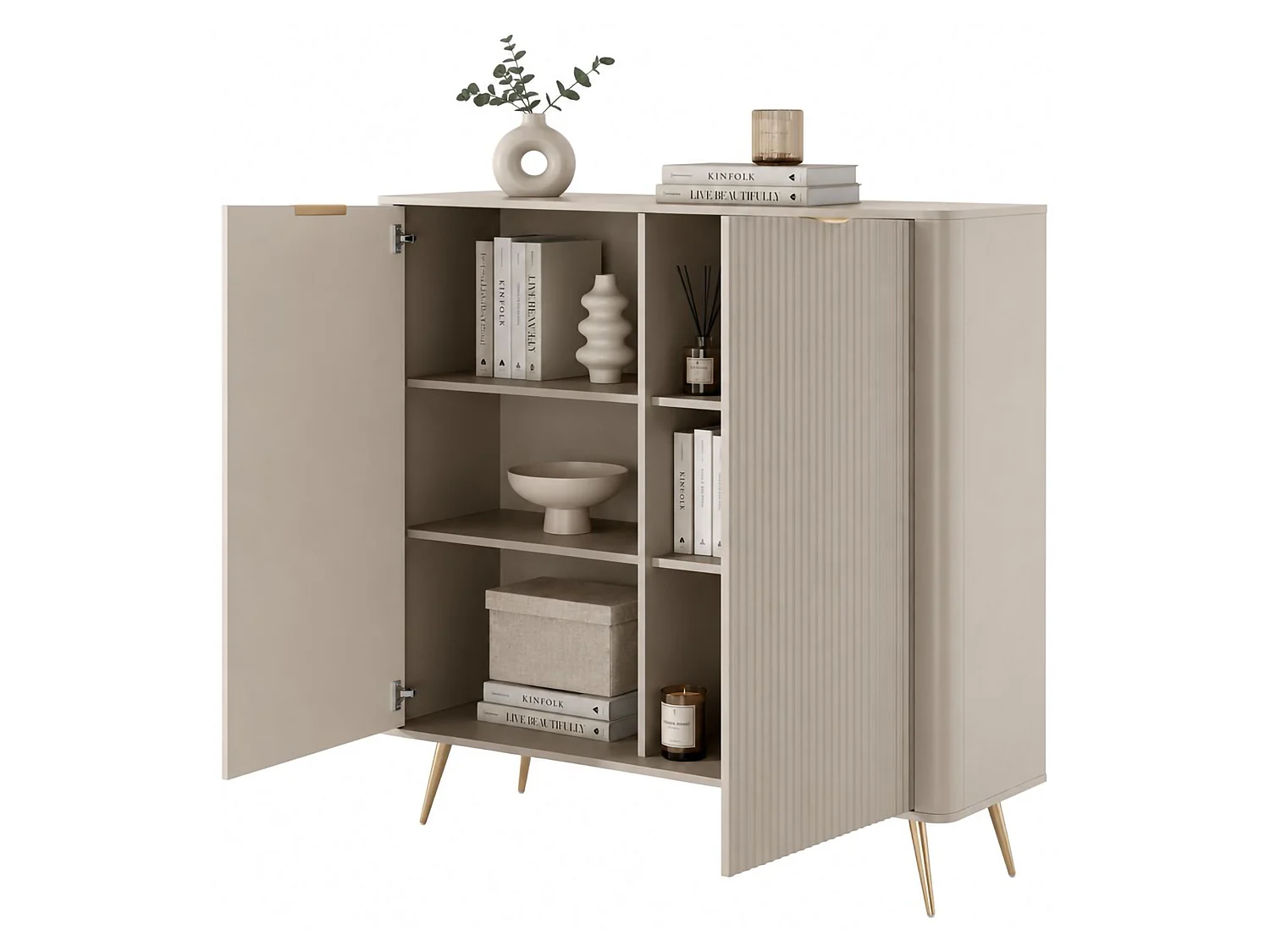 Credenza Nerrio, 4 Regale, 113x38x134h cm Beige, Anrichte, Flügeltüren, 2 Türen