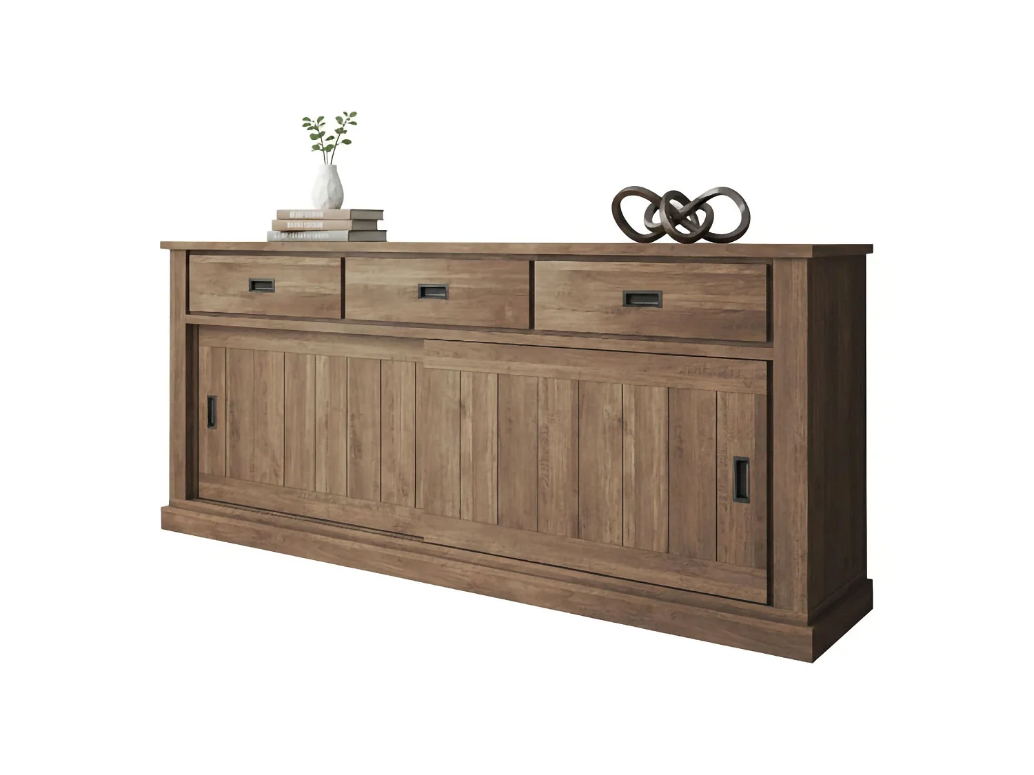 Vaisselier Malonno, 2 étagères, 220x50x95h cm Noyer Brun, Buffet, 3 tiroirs, 2 portes