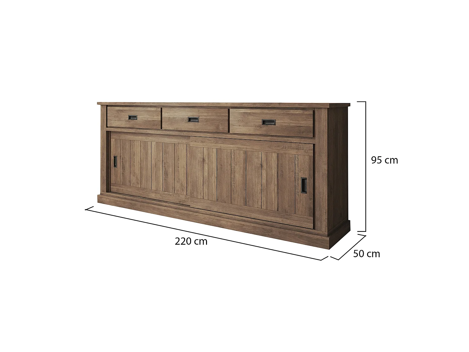 Vaisselier Malonno, 2 étagères, 220x50x95h cm Noyer Brun, Buffet, 3 tiroirs, 2 portes
