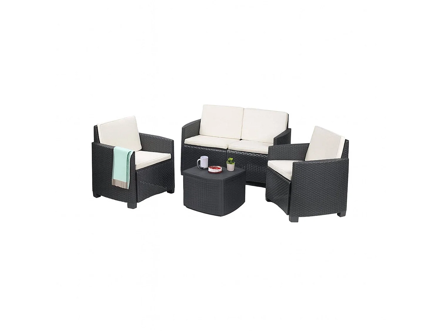 Salón de Jardín Catanzaro, Conjunto de jardín con 2 sillones, 1 sofá y 1 mesa de almacenamiento, efecto ratán con cojines, 100% Made in Italy, Antracita