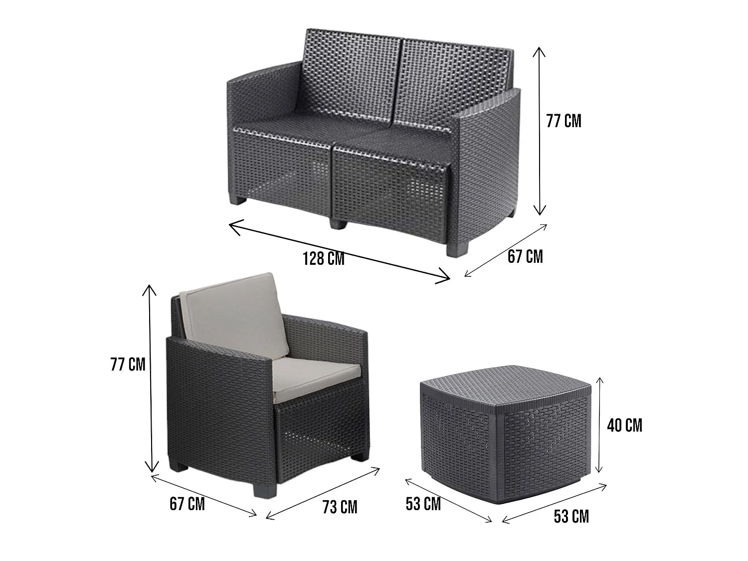 Salón de Jardín Catanzaro, Conjunto de jardín con 2 sillones, 1 sofá y 1 mesa de almacenamiento, efecto ratán con cojines, 100% Made in Italy, Antracita